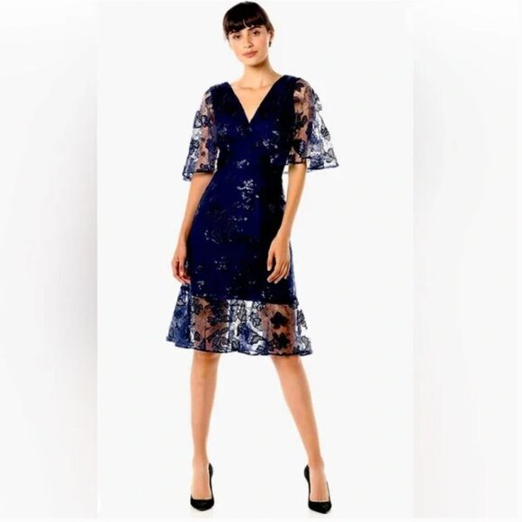 Dress the Population Roseanna Flutter Sleeve Sequin Lace Dress in Navy - Picture 1 of 8